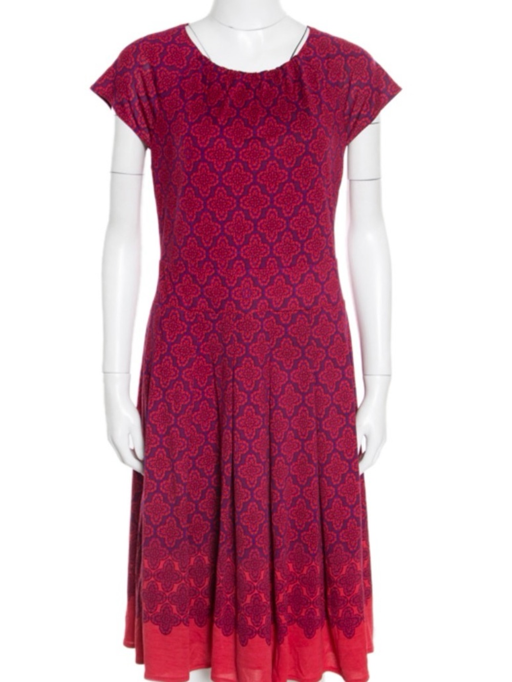 Tory Burch Red-Purple Patterned Cap-Sleeve Fit & Flare Dress